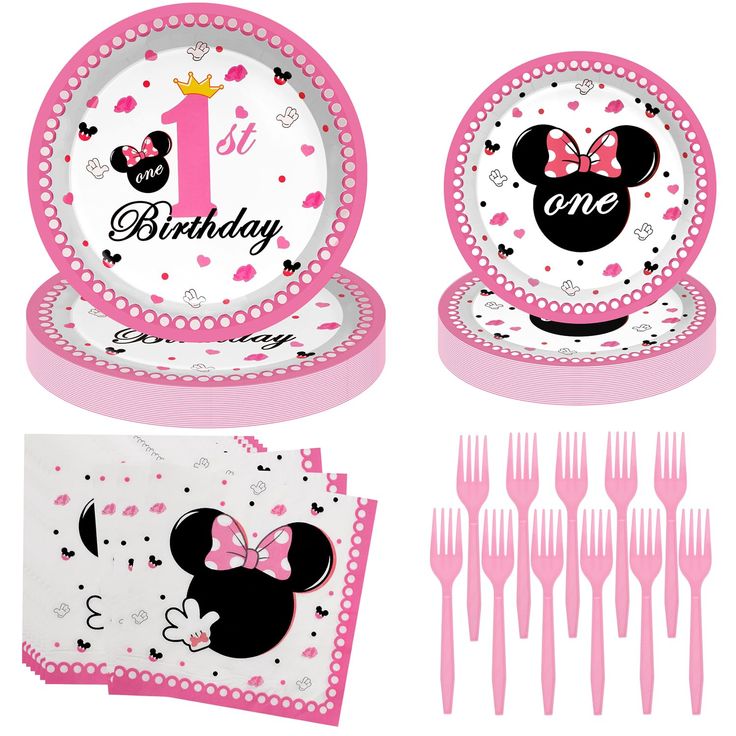 minnie mouse 1st birthday party supplies with pink and white plates, forks, napkins and utensils