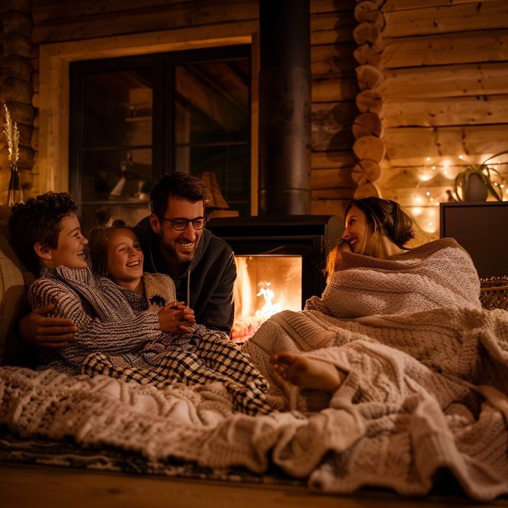 a man and two women sitting on a bed next to a fire in a fireplace