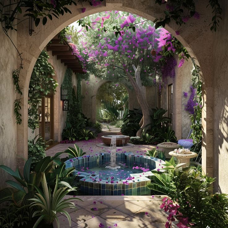 an archway leads into a garden with purple flowers and greenery on either side of the pool