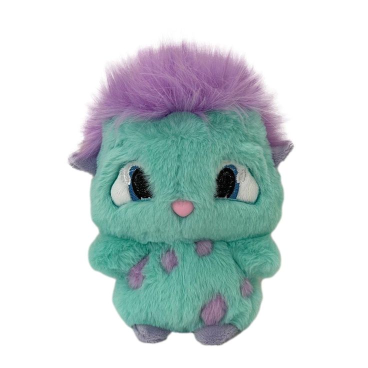 a green and purple stuffed animal with big eyes