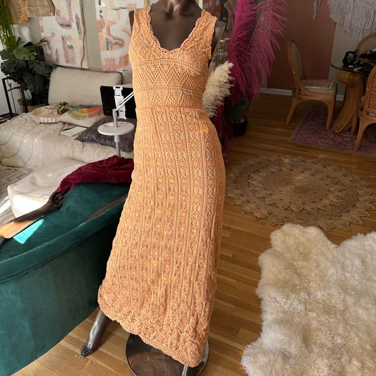 Amazing Band New Never Worn Orange Anthropologie Crochet Maxi Dress Korovilas Brand Of Anthro Length From Hip 45 Inches Bust 16 Inches Some Stretch Waist 13 Inches Soft Full Length Lining Absolutely Beautiful Was Going To Wear It To A Wedding And Then Never Did And Doesn’t Fit Me Anymore. New Without Tags Size Small Fitted V-neck Crochet Dress With Lace Trim, Fitted V-neck Crochet Lace Dress, Elegant V-neck Crochet Dress, Fitted Maxi Length Crochet Dress, Fitted Crochet Maxi Dress, Fitted Sleeveless Maxi Dress With Crochet Lace, Fitted Sleeveless Crochet Lace Maxi Dress, Fitted Sleeveless Crochet Lace Dress, Fitted Crochet Dress With Lace Trim V-neck