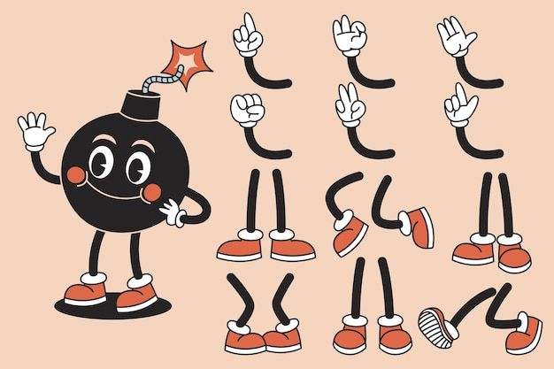 a cartoon bomb character with various poses and expressions to make it look like he is doing something