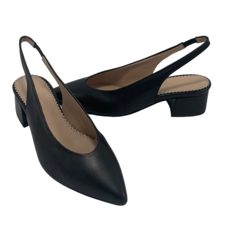 Step Into Modern Sophistication With These Women's Black Leather Slingback Shoes, Combining Style And Comfort In One Chic Design. The Sleek Pointed Toe Exudes Timeless Elegance, While The Black Leather Construction Offers A Luxurious And Polished Look. Elevating Your Stride, The Block Heel Provides Both Stability And A Contemporary Edge, Making These Shoes Versatile For Various Occasions. The Slingback Design Adds A Touch Of Femininity, Securing Your Foot With A Subtle Yet Stylish Strap Around T Evening Slingback Sandals With Deep Heel Cup, Chic Block Heel Kitten Heels With Leather Sole, Chic Kitten Heels With Block Heel And Leather Sole, Chic Kitten Heels With Leather Sole, Black Slingback Pumps With Low Heel, Black Slingback Pumps With Sculpted Block Heel, Black Low Heel Slingback Pumps With Branded Heel, Black Slingback Pumps With Branded Heel, Evening Slingback Sandals With Closed Toe And Heel Strap