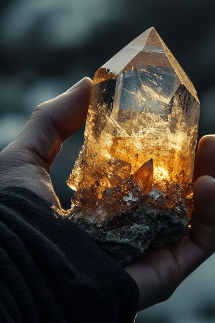 a person holding a piece of yellow crystal in their hand with ice on the ground