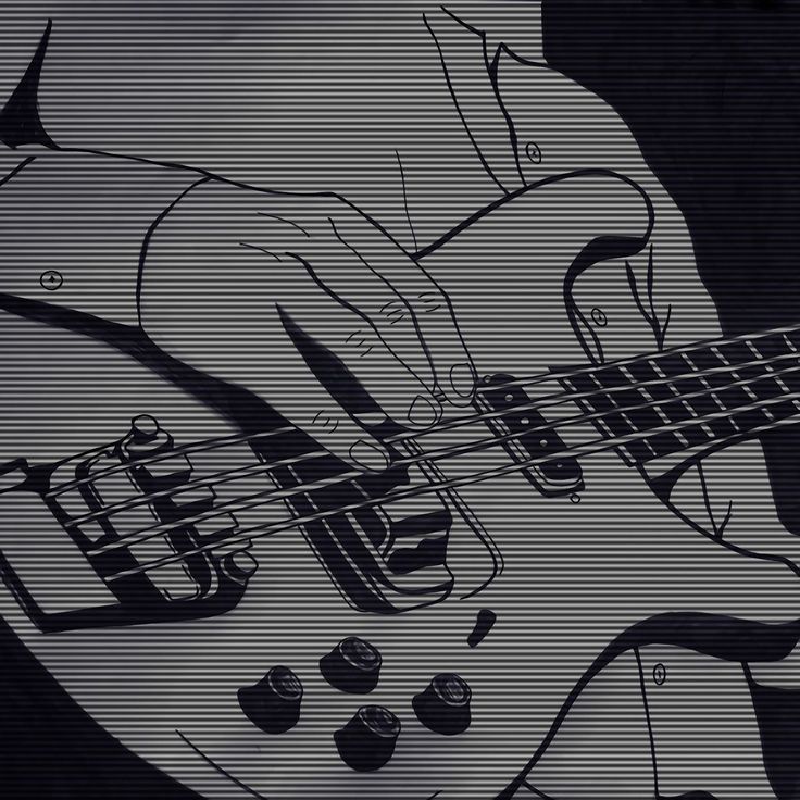 a black and white drawing of a person holding a guitar in front of their face