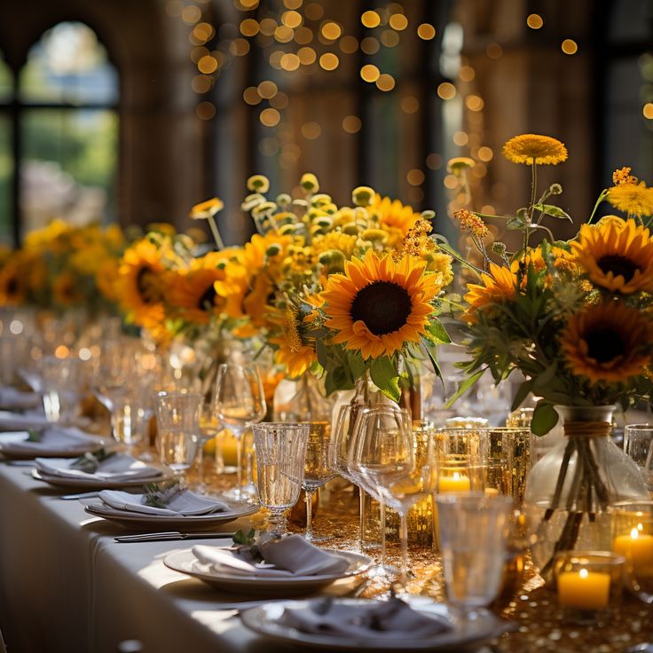 a long table with sunflowers in vases and candles on it is set for a formal dinner