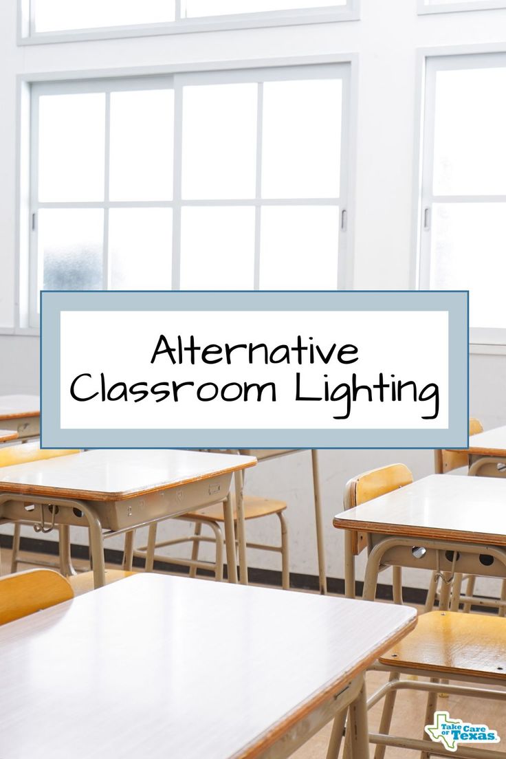 a classroom with wooden desks and chairs in front of large windows that read alternativeive classroom lighting