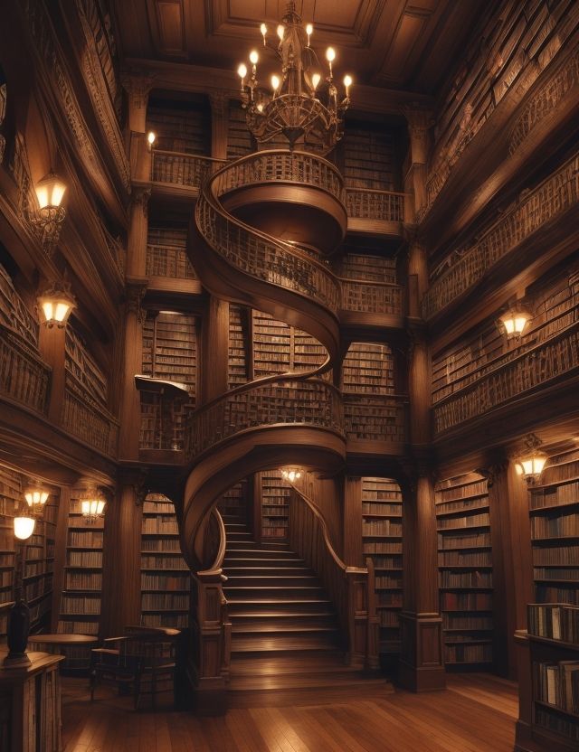 a spiral staircase in a library with bookshelves and chandeliers on either side