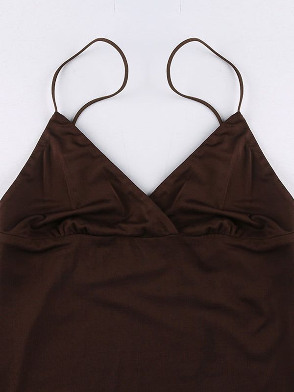 Brown V-neck Mini Dress For Party, Party Cami Mini Dress With Built-in Bra, Party Satin Stretch Tank Top, Sleeveless Stretch Camisole For Club, Stretch Sleeveless Camisole For Club, Party Satin Cami Mini Dress, Satin Cami Mini Dress For Party, Bodycon V-neck Top For Party, V-neck Bodycon Top For Party