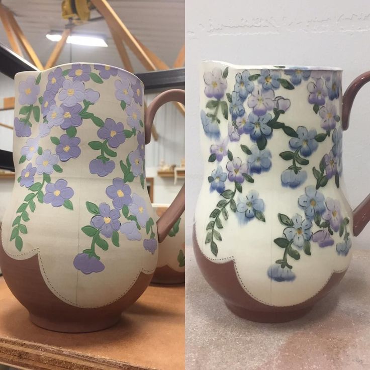 two pictures side by side one has a vase and the other has flowers painted on it