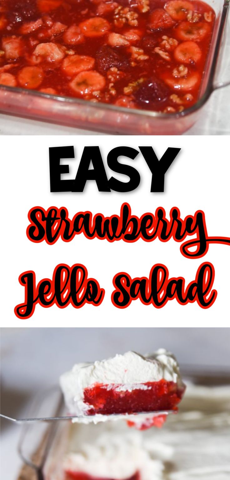 strawberry jello salad with whipped cream on top and the words easy strawberry jello salad above it