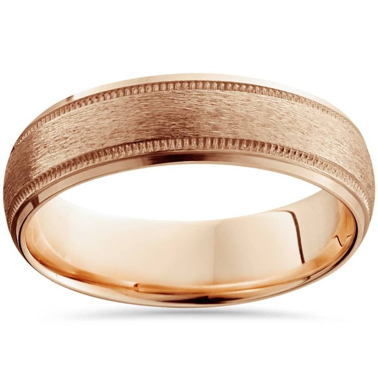 Men's ring features a brushed center, milgrain, and polished edge made of solid 14k rose gold. Mens Wedding Bands Brushed, Rose Gold Mens Ring, Mens Gold Wedding Band, Yellow Gold Wedding Band, Wedding Anniversary Rings, Rose Gold Wedding Bands, Mens Gold, Rose Gold Wedding, Gold Wedding Rings