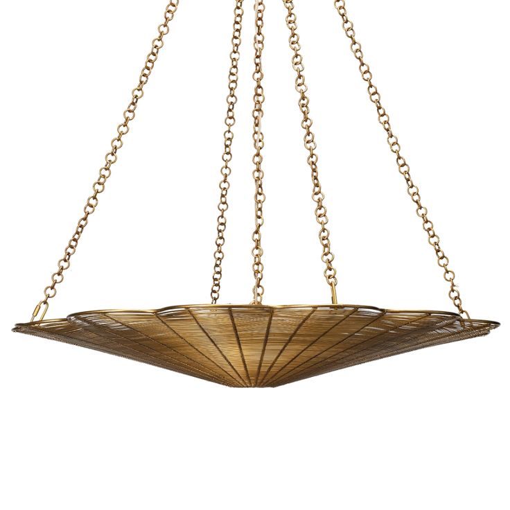 a hanging light fixture made out of brass chains and wood with an intricate design on the bottom