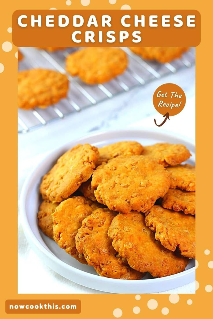 cheddar cheese crispes in a white bowl on top of a table with orange polka dots