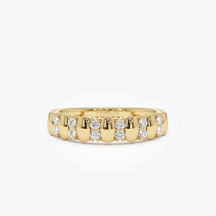 Enhance your bridal jewelry collection with our 14K Diamond Stacking Ring, a sophisticated choice featuring an alternating diamond bar band. This versatile ring can serve as a stacking wedding band or a stunning gold diamond ring, adding elegance and sparkle to any ensemble. Elevate your style with this women's wedding band, a timeless and captivating addition to your jewelry repertoire. ▶ Details   * Made to Order. * Gold KT: 14K Solid Gold (also available in 18K & Platinum upon request) * Cust Dazzling Gold Half Eternity Wedding Ring, Luxury Diamond Half Eternity Band, Luxury Gold Half Eternity Diamond Ring, Gold Moissanite Half Eternity Wedding Ring, Modern Yellow Gold Eternity Band For Wedding, Modern Gold Diamond Eternity Band, Yellow Gold Moissanite Half Eternity Stackable Rings, Luxury Gold Bands With Half Eternity, Luxury Gold Half Eternity Band