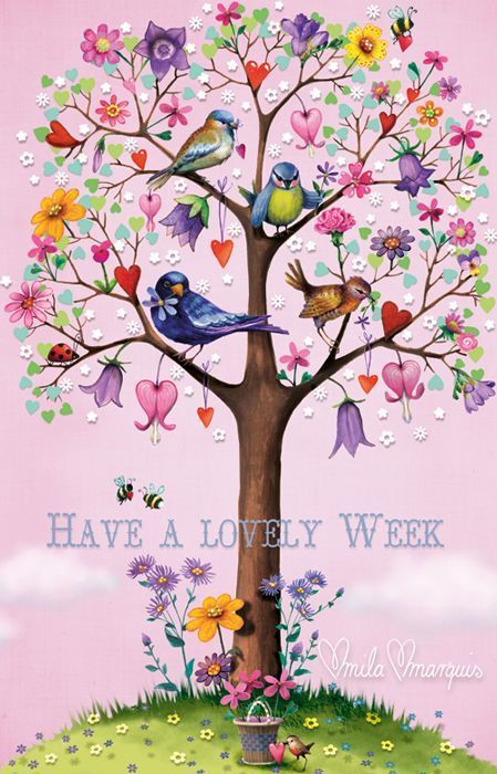 a tree with birds sitting on it in front of a heart shaped sign that reads feliz incio de semana