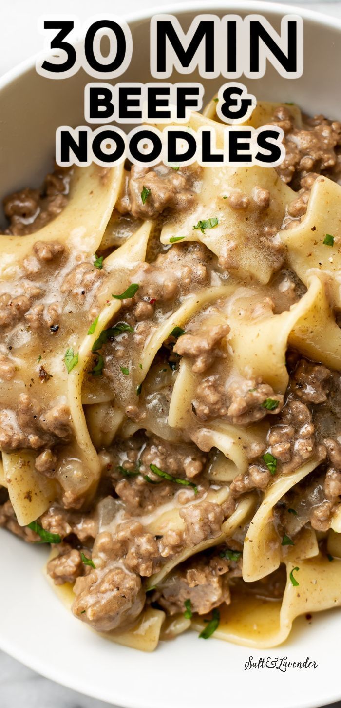 a bowl of pasta with text overlay that reads 30 min beef and noodles Easy Beef And Noodles, Easy Beef And Noodles Recipe, Beef And Noodles Recipe, Beef Pasta, Beef Casserole Recipes, Ground Beef Recipes Easy, Noodles Recipe, Ground Beef Recipes For Dinner, Beef Recipe