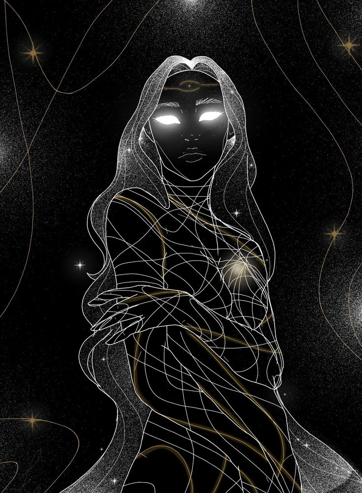 a drawing of a woman with glowing eyes and veil on her head in the night sky