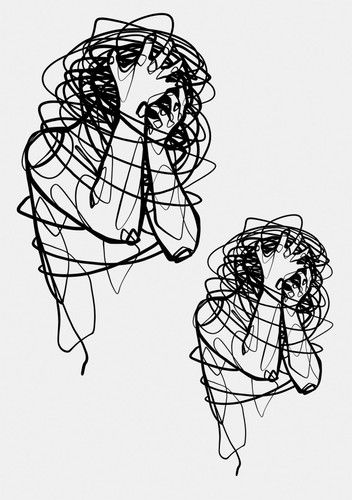 a drawing of two people sitting next to each other on top of a white surface