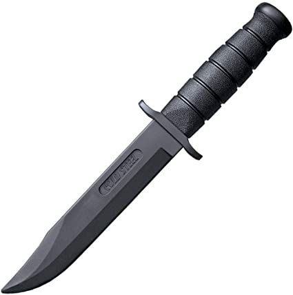 a large knife with a black handle on it