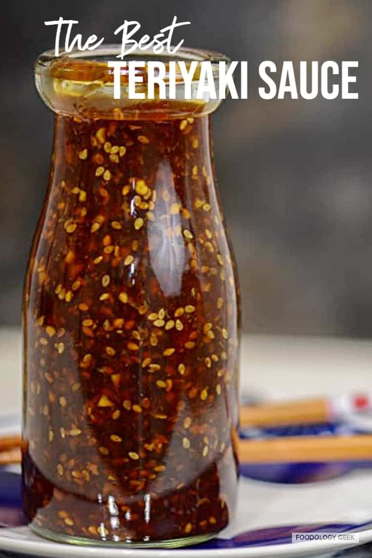 the best teriyaki sauce in a glass jar on a plate with chopsticks