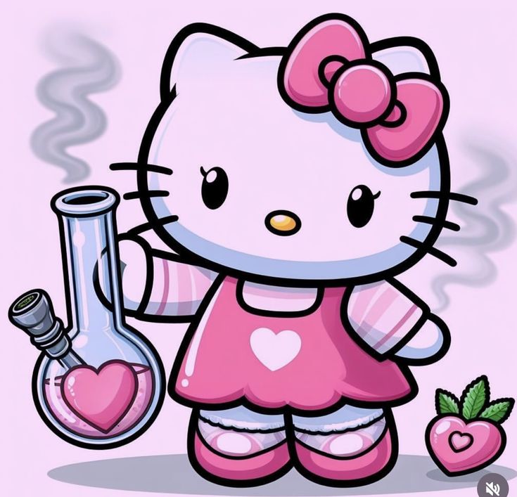 a cartoon hello kitty holding a glass flask and an apple with steam coming out of it