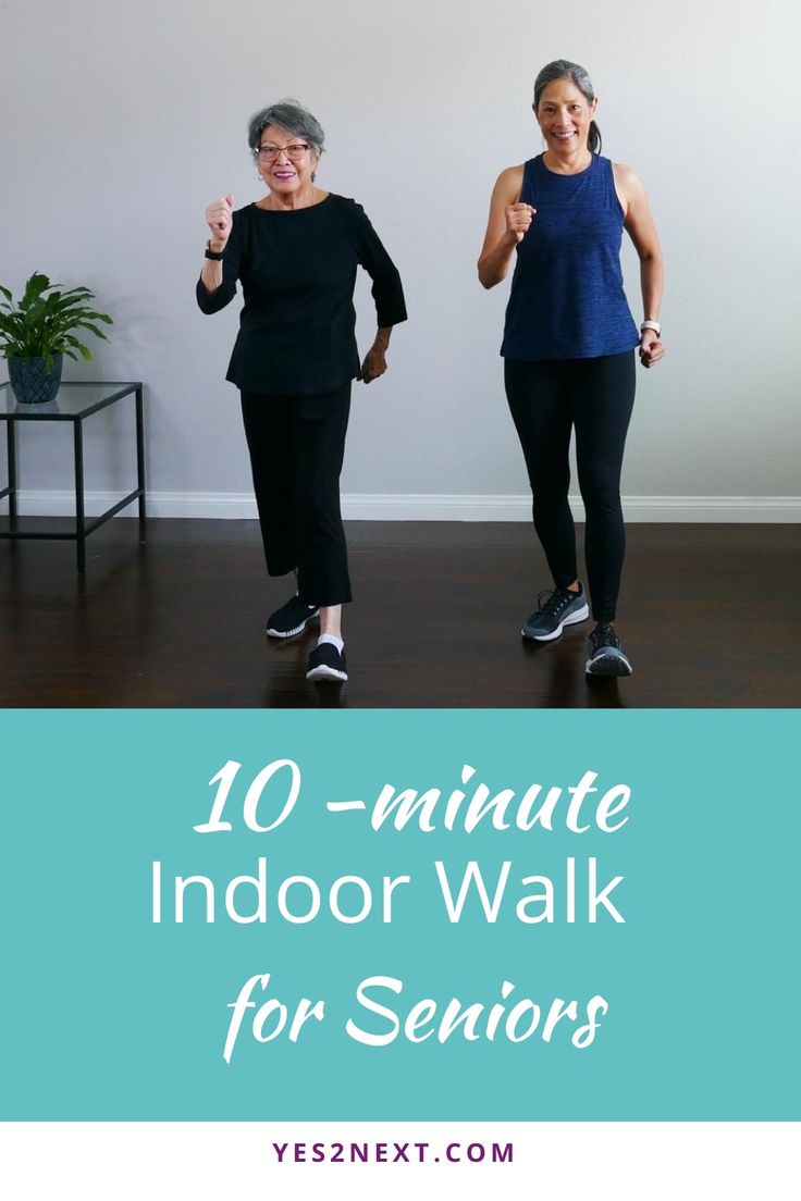 two women in black and blue workout clothes with text overlay that reads 10 minute indoor walk for seniors