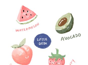 watermelon, avocado, and strawberry are featured in this hand drawn illustration