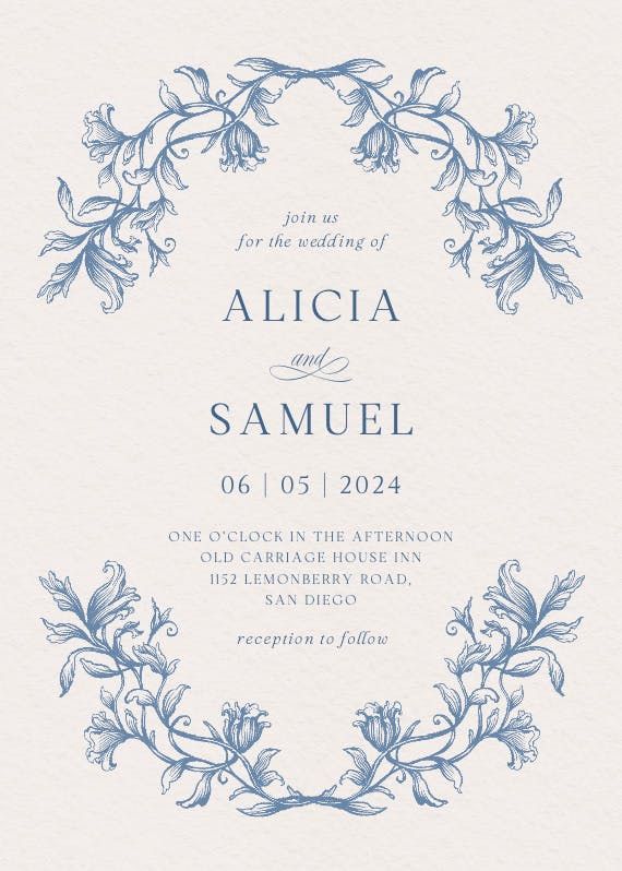 a wedding card with an ornate frame on the front and back, in blue ink