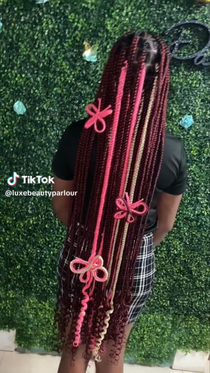 Burgundy blonde pink 3d butterfly braids pretty black girl Black Mixed With Pink Braids, Braids With 3d Butterfly, Braids With Butterflies, 3d Butterfly Braids, Middle School Hairstyles Black, Barbie Braids, Fox Locks, 3d Braids, Braids Quick