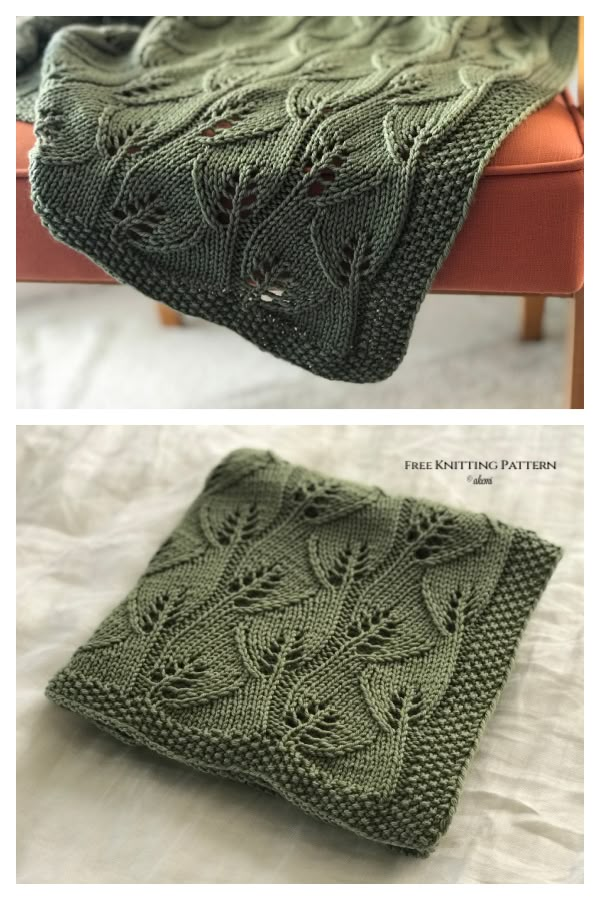 two pictures show the same blanket as they are in different stages of being knitted