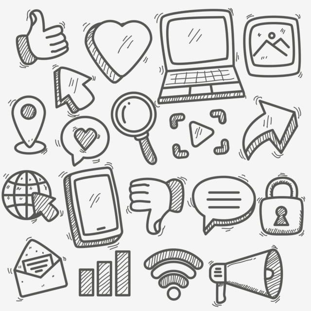 hand drawn doodle icons on white paper with black marker, including laptop and other items