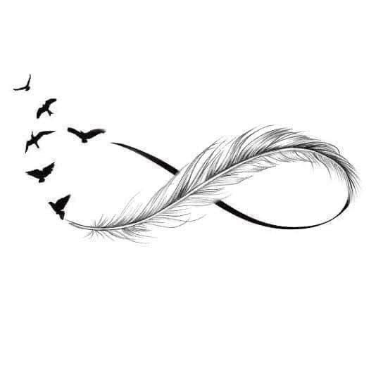 a black and white drawing of a feather with birds flying around it