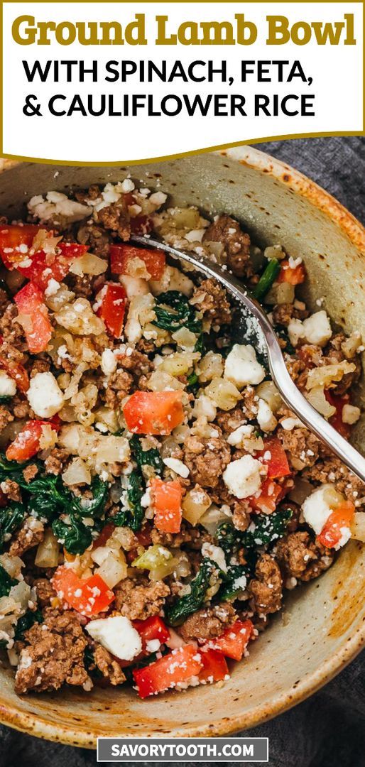 ground lamb bowl with spinach, feta and cauliflower rice