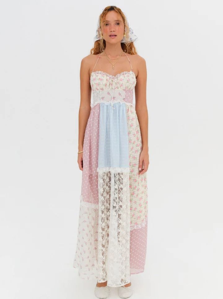 Elula Maxi Dress — Multi | For Love & Lemons Pink Lace Maxi Dress For Summer, Feminine Lace Maxi Dress For Garden Party, Spring Floor-length Maxi Dress With Lace Patchwork, Spring Lace Patchwork Floor-length Maxi Dress, Pink Lace Maxi Dress With Patchwork, Spring Pink Lace Maxi Dress, Pink Lace Maxi Dress For Spring, Lace Maxi Dress For Garden Party, Pink Bohemian Dress With Lace Patchwork