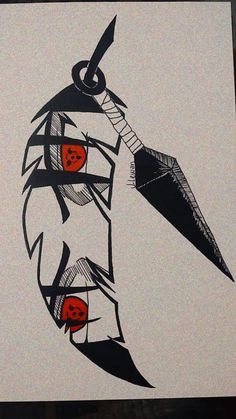 a drawing of a person with an arrow on it's head and two red eyes