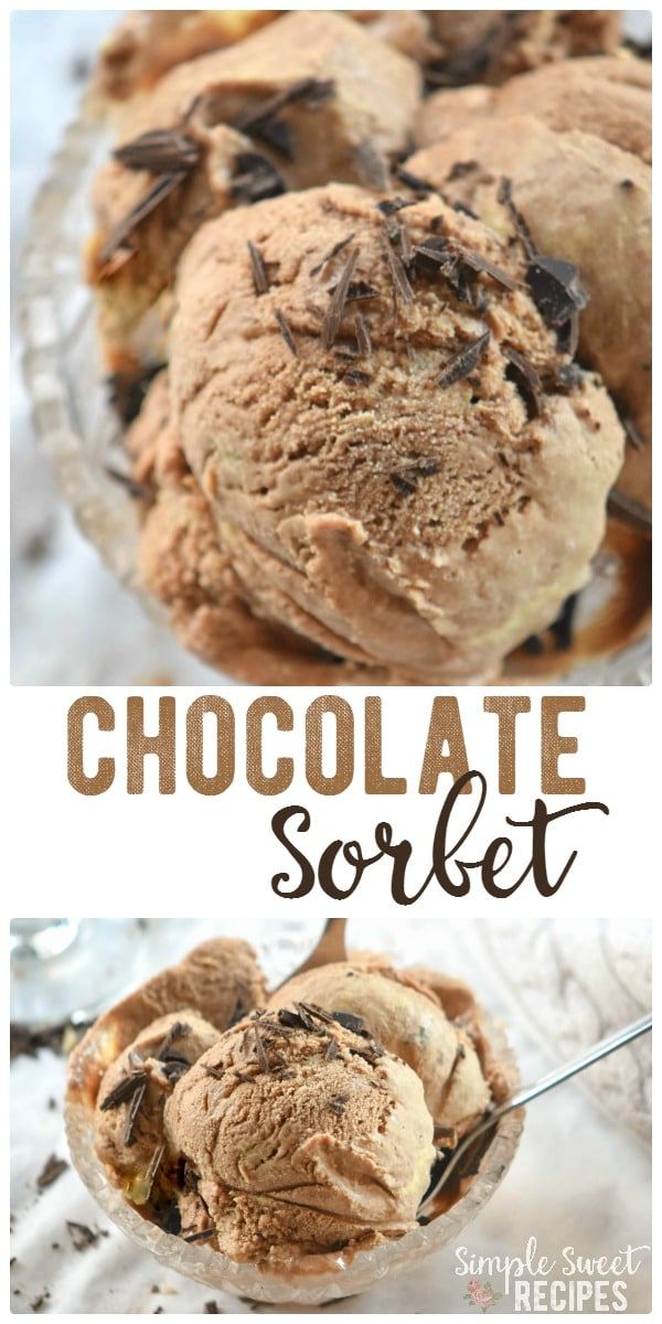 chocolate sorbet in a glass bowl with text overlay