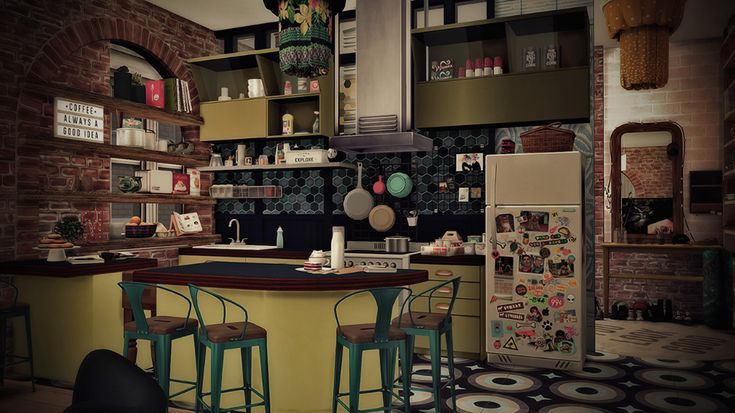 a kitchen with two stools next to a counter