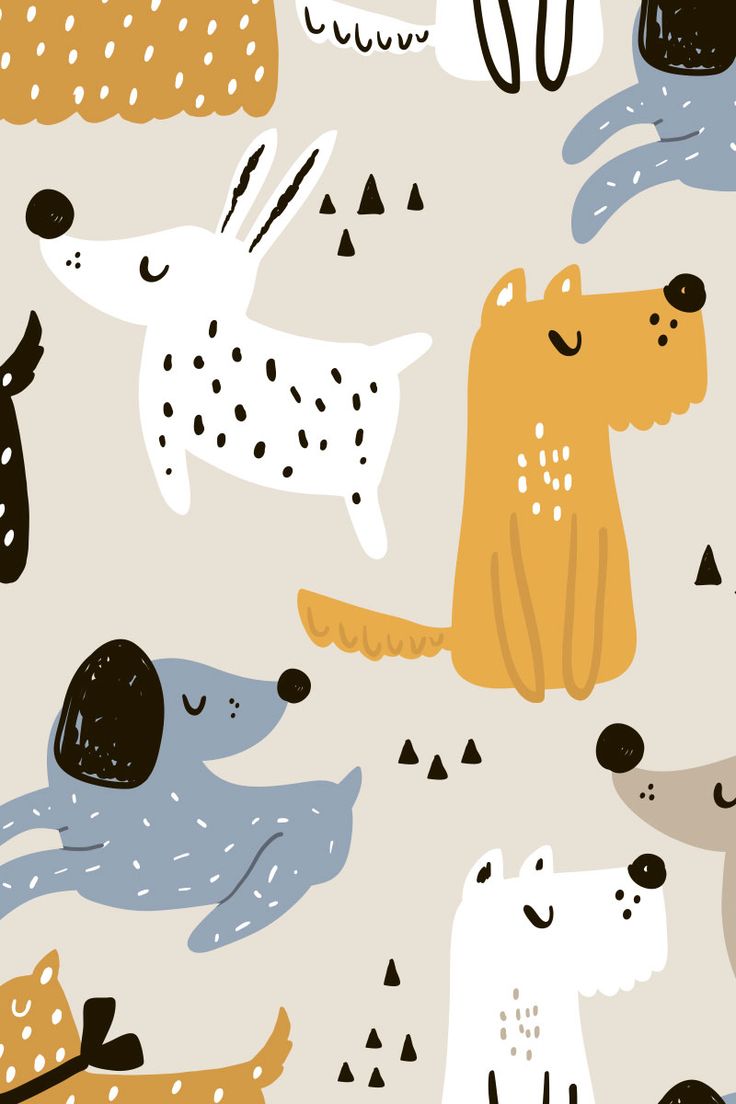 an animal pattern with dogs and bears on the background is white, blue, yellow and black