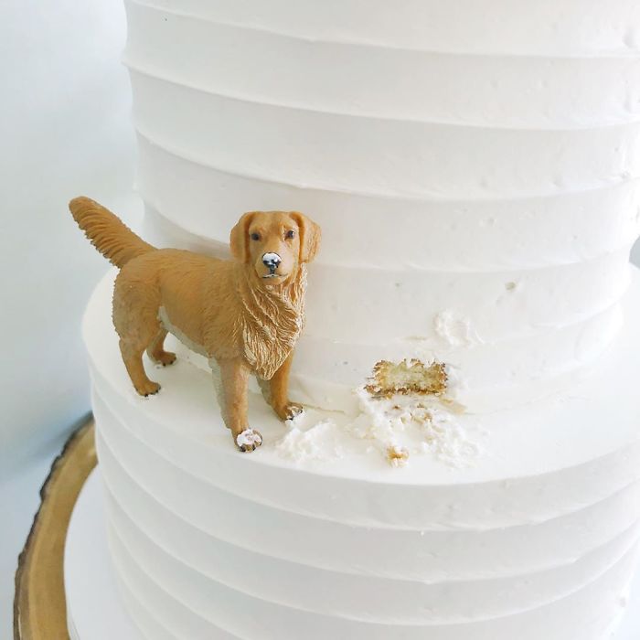 a dog figurine standing on top of a white cake