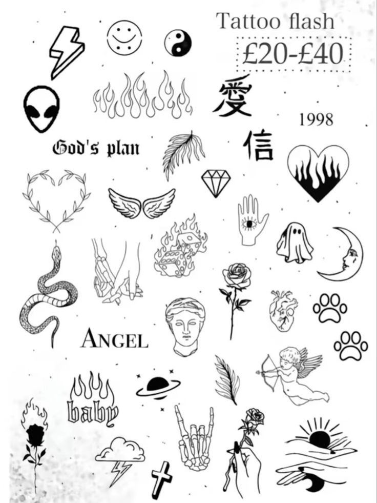 the back side of a tattoo flash sheet with various symbols and designs on it, including an