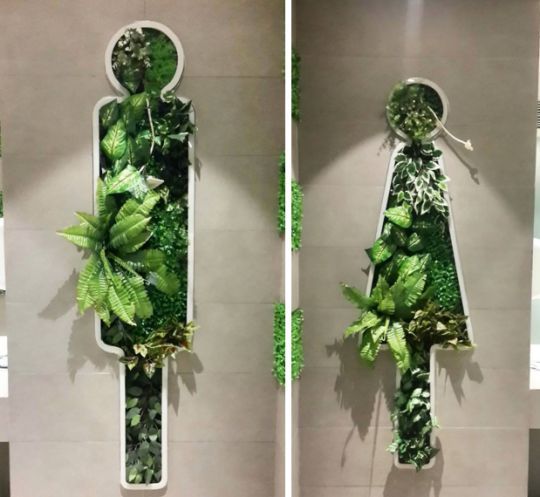 two pictures of the same wall with plants on it, one is cut in half to look like a woman's body