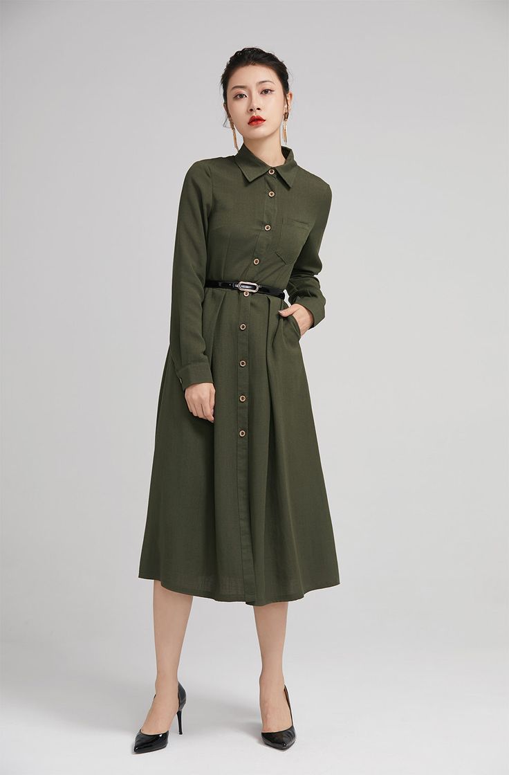 Green Linen Fabric, Warm Winter Dresses, Long Linen Skirt, Long Sleeve Dresses Fall, Vintage Shirt Dress, Casual Linen Pants, Midi Dress Fall, Green Shirt Dress, Tailored Clothes