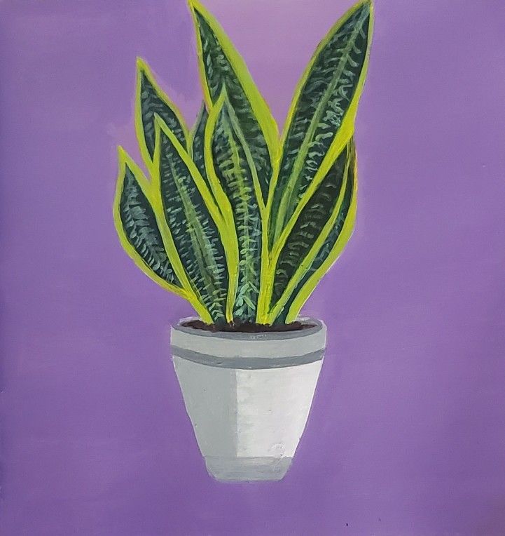 a painting of a potted plant on a purple background