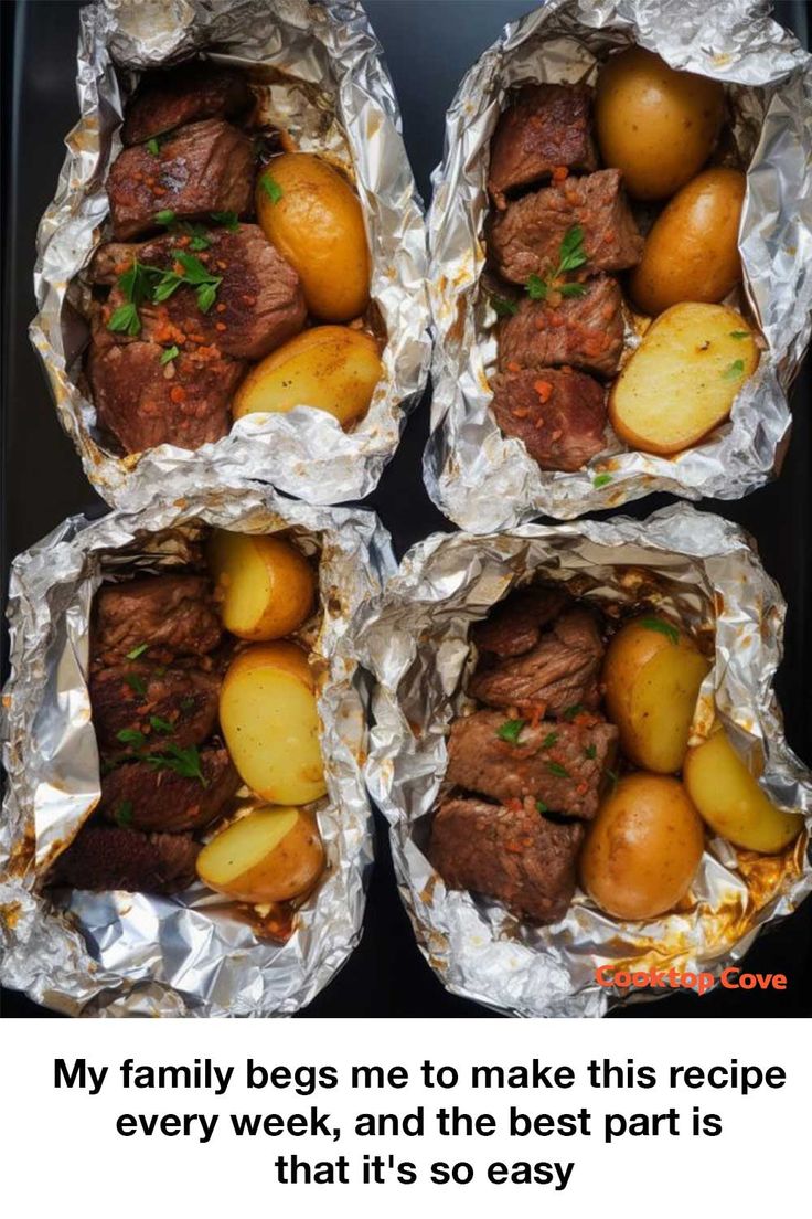 four foil wrapped sandwiches filled with meat and potatoes