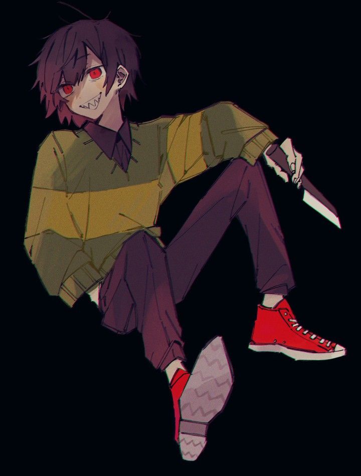 an anime character with red eyes sitting on the ground