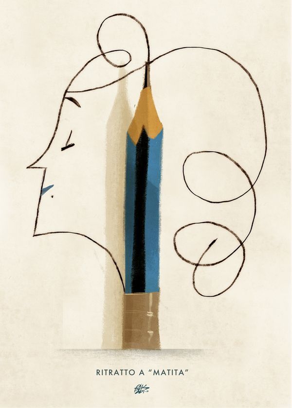 a pencil drawing the shape of a woman's head in blue and black ink