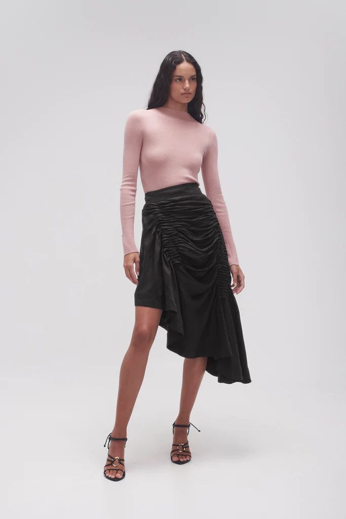 Memoir Asymmetric Midi Skirt | Black | Aje Black Pleated Asymmetrical Evening Skirt, Asymmetrical Pleated Draped Skirt For Evening, Elegant Asymmetrical Skirt With Ruched Sides, Evening Pleated Skirt With Asymmetrical Hem, Fitted Draped Bottoms For Work, Asymmetrical Pleated Skirt Bottoms For Evening, Asymmetrical Ruffled Skirt Bottoms For Evening, Elegant Asymmetrical Stretch Draped Skirt, Elegant Fitted Bottoms With Asymmetrical Hem