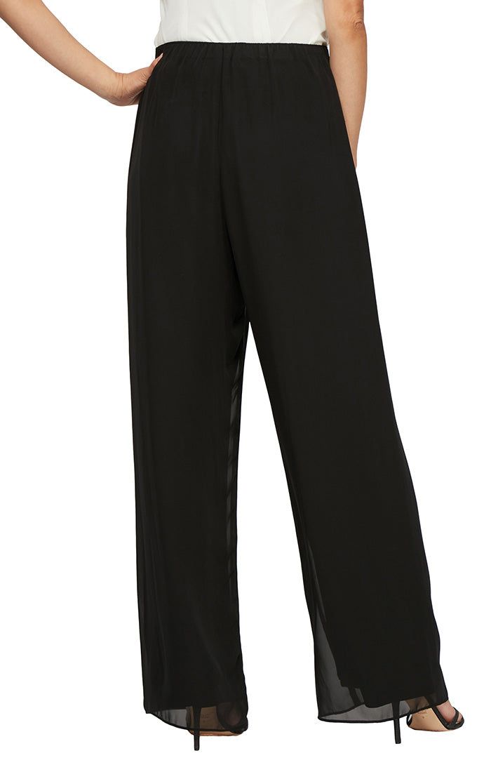 Elegant Evening Separates Your perfect pant for day & night! This pant is a pull on. Inseam is 28 1/4" Elegant Long Pants For Date Night, Wide Leg Ankle-length Pants For Evening, Stretch Wide Leg Pants With Elastic Waistband For Evening, Formal Chiffon Bottoms For Spring, Elegant Chiffon Pants For Party, Black Wide Leg Ankle-length Pants For Evening, Black Ankle-length Wide Leg Pants For Evening, Summer Formal Chiffon Bottoms, Elegant Evening Pants With Elastic Waistband