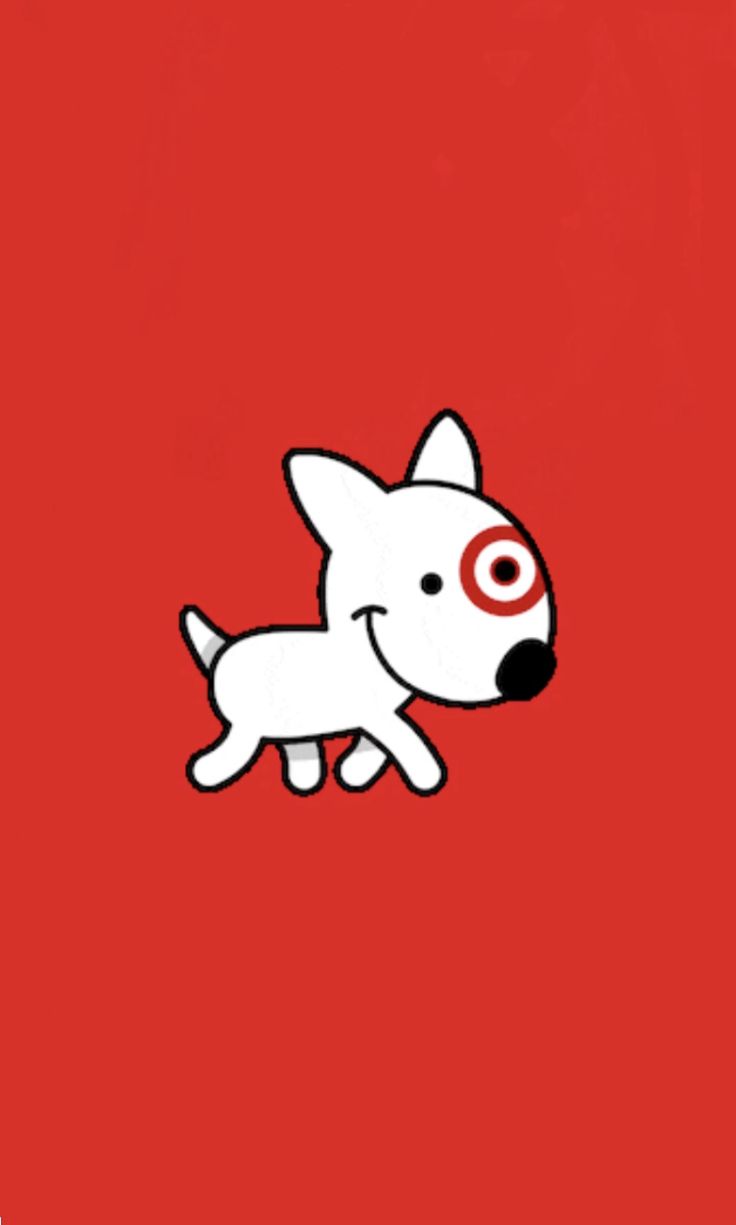 a white dog on a red background with an eyeball in it's mouth